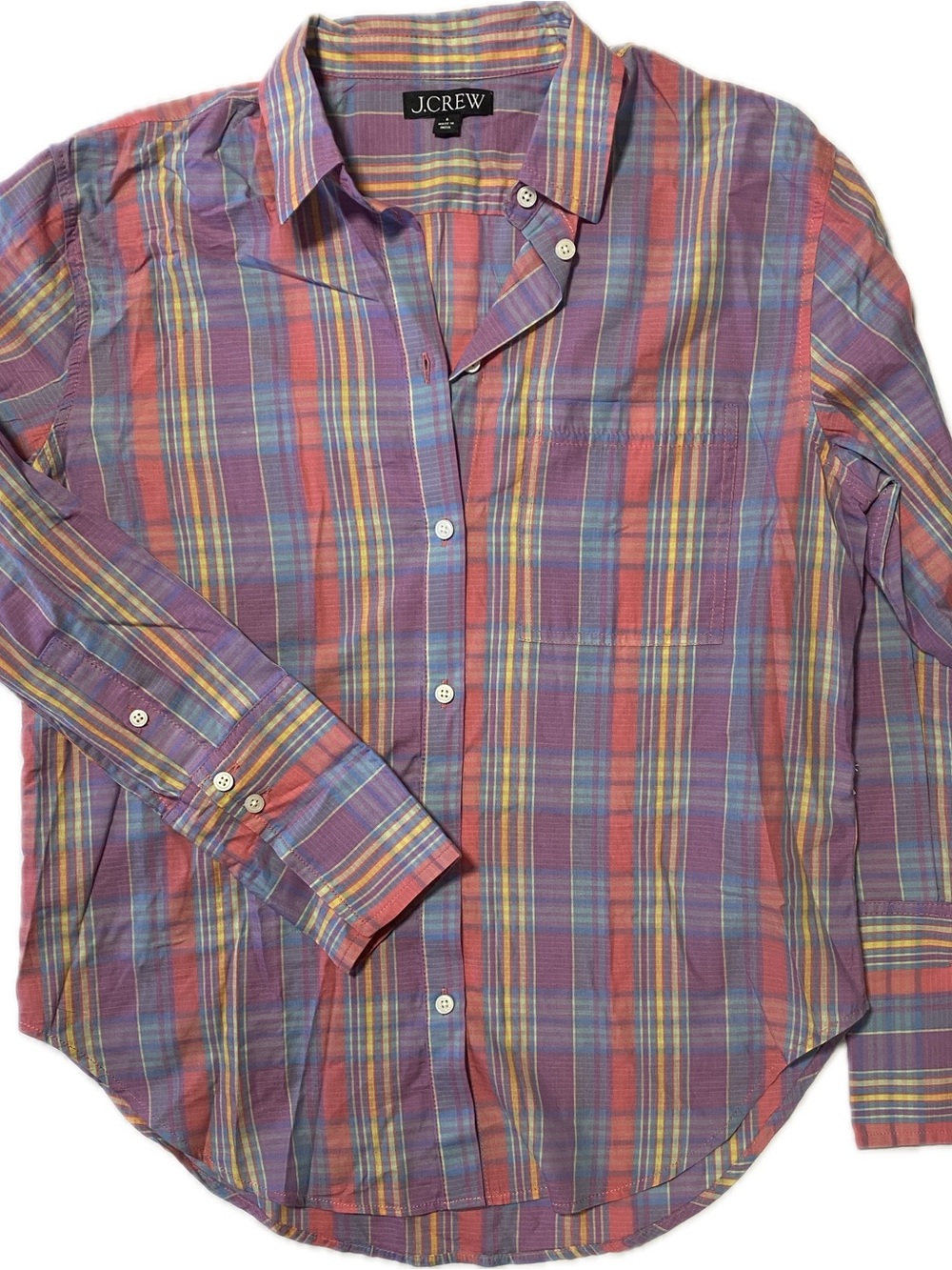 J. Crew Purple Plaid Button-Down Shirt with Red and Yellow Stripes